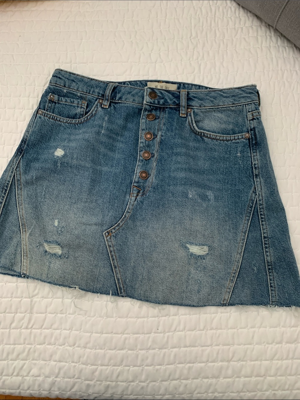 We The Free Distressed Button-Front Denim Mini Skirt